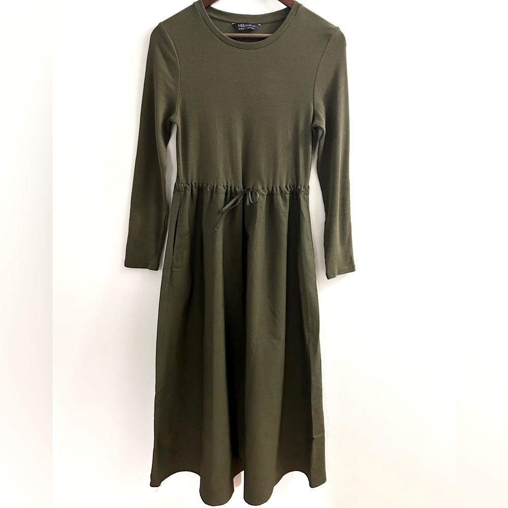 M&S Collection Cotton Rich Midi Skater Dress in Army Green - Size 6R